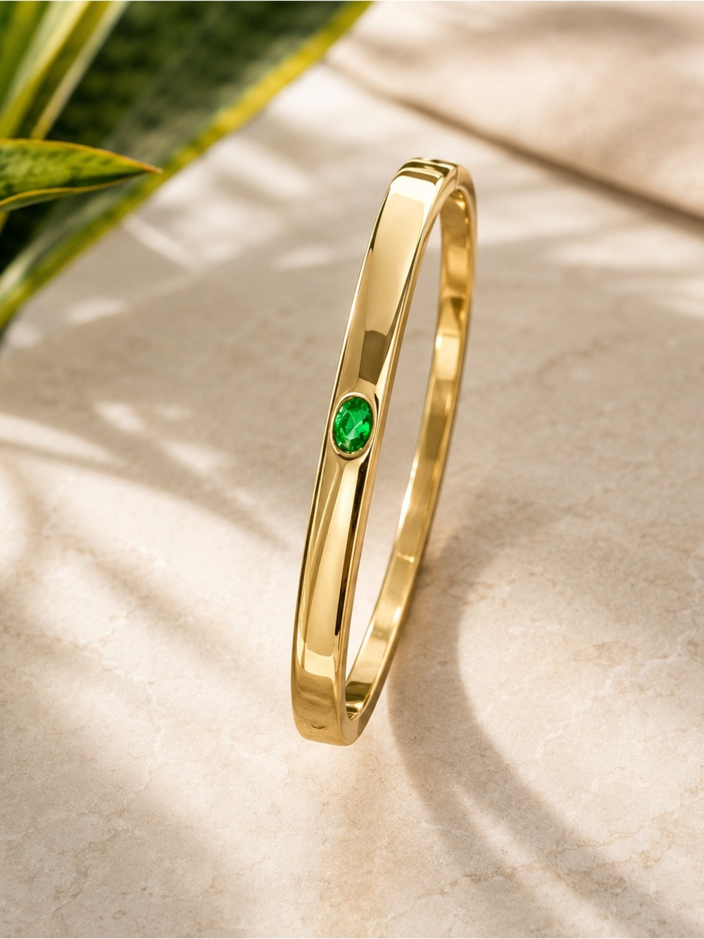 Gold Bangle Bracelet with Green Gemstone